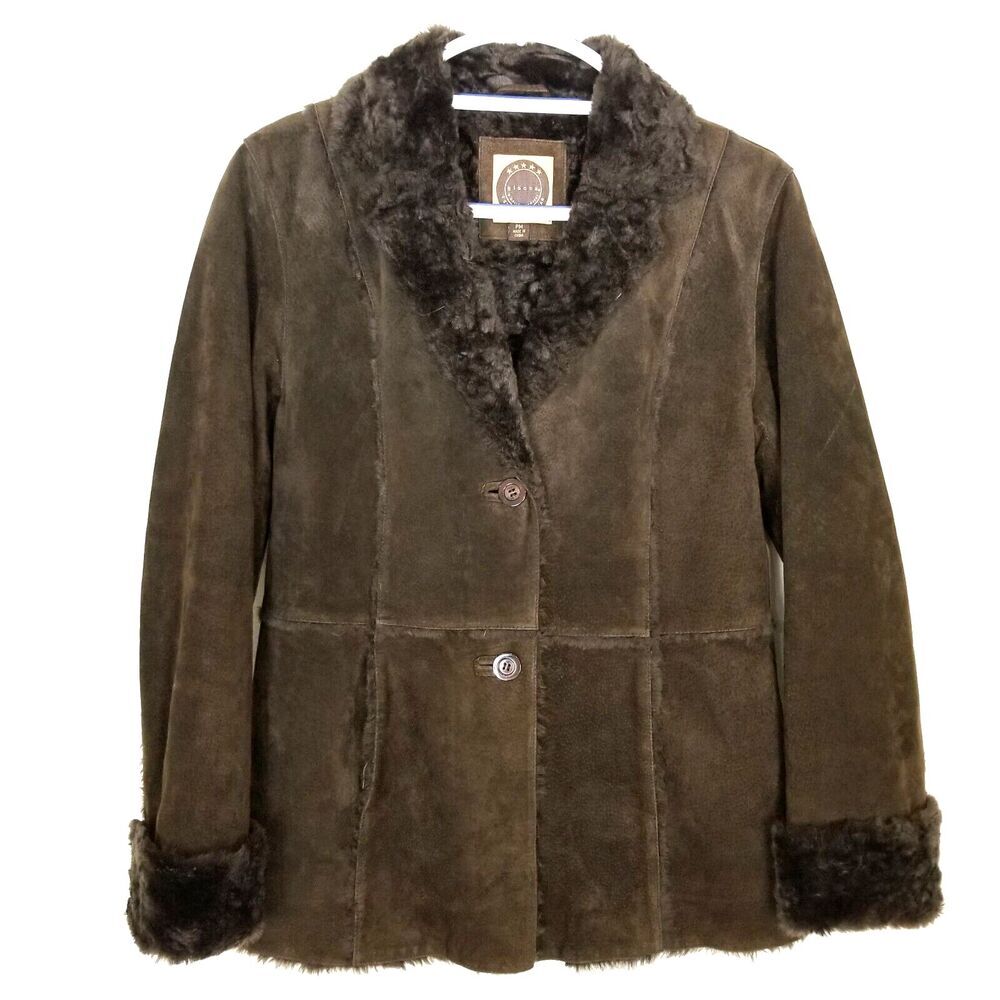 Vtg Giacca Women Leather Suede Penny Lane Jacket Sz M Petite Brown Y2k Padded